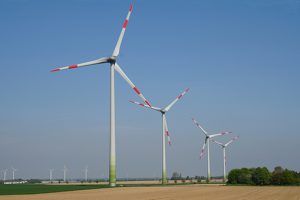 There are several wind turbines in one field